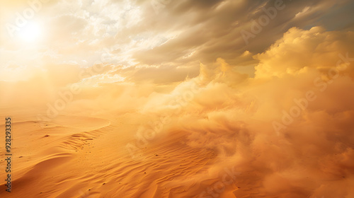 Storm Winds Whip Sand and Dust into the Air and Leading to Spectacular Orange Glow in Desert Areas dark shine background 