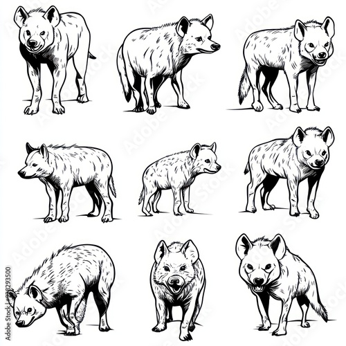 A collection of stylized illustrations of hyenas in various poses.