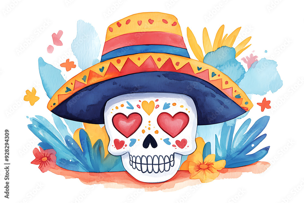 A skull with a hat on it and two hearts on its face Sugar Skull sombrero A skull with a hat on it and two hearts on its face Sugar Skull sombrero