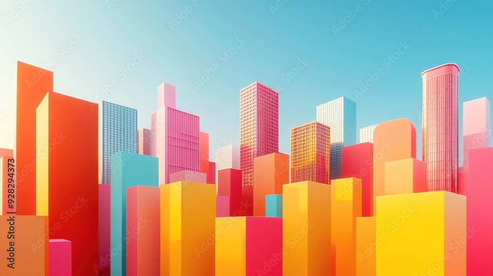 A cityscape with buildings in various colors, including red, yellow, and orange A cityscape with buildings in various colors, including red, yellow, and orange