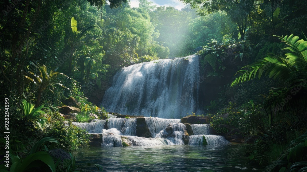 Serene Waterfall in Lush Tropical Rainforest Serene Waterfall in Lush Tropical Rainforest