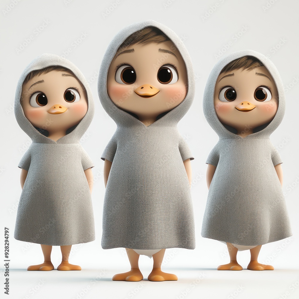 Three cute cartoon characters with duck-like features wearing gray hooded outfits. Three cute cartoon characters with duck-like features wearing gray hooded outfits.