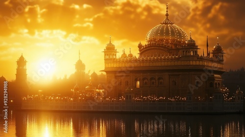 Golden dome of a sacred Sikh gurdwara shimmering in the light of dawn, capturing the essence of spirituality and serenity photo