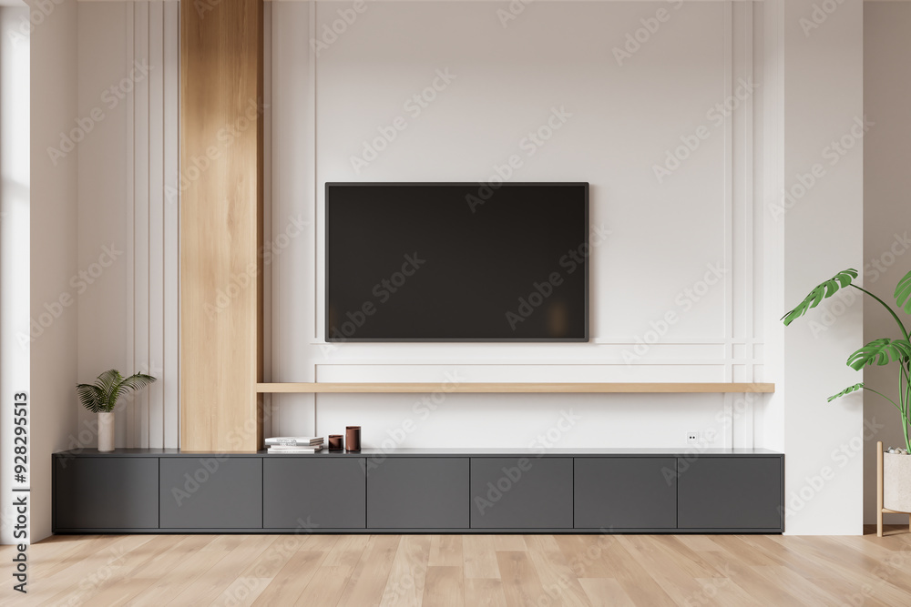 Modern living room with minimalist TV unit and decor. 3D Rendering Modern living room with minimalist TV unit and decor. 3D Rendering