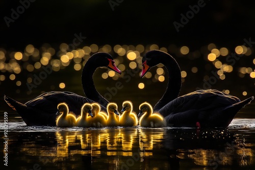 Wallpaper Mural A mother swan and her two young cygnets swimming in the water Torontodigital.ca