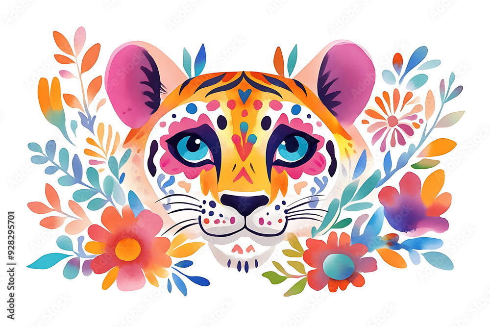 A vibrant and colorful illustration of tigers face surrounded by flowers and leaves, exuding playful and joyful expression. A vibrant and colorful illustration of tigers face surrounded by flowers and leaves, exuding playful and joyful expression.