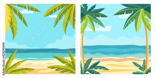 Tropical beach frame background with leaf plant. Summer landscape. Sandy beach under the bright sun.