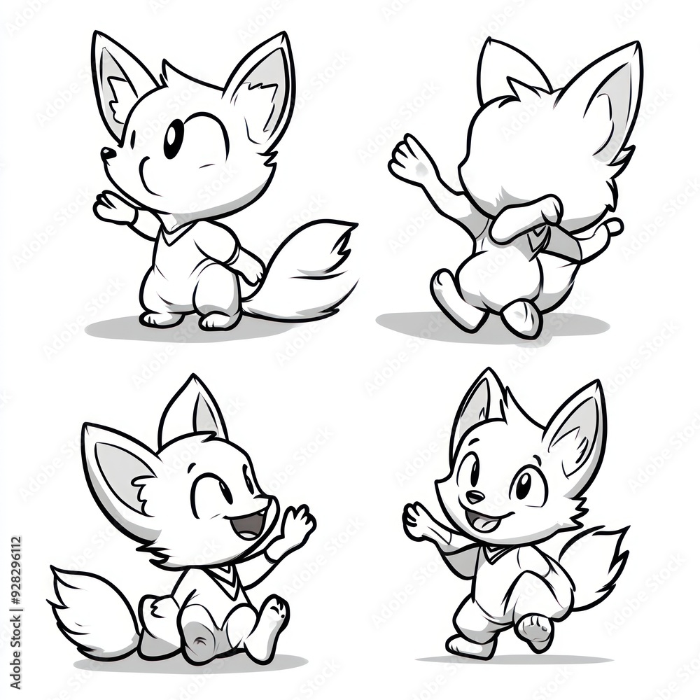 A cute cartoon character with fox-like features in various playful poses. A cute cartoon character with fox-like features in various playful poses.