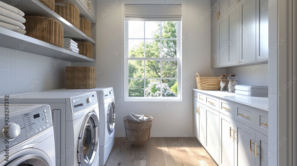 Minimalist laundry room with countertop over washer and dryer, open shelving, light gray color scheme. Minimalist laundry room with countertop over washer and dryer, open shelving, light gray color scheme.
