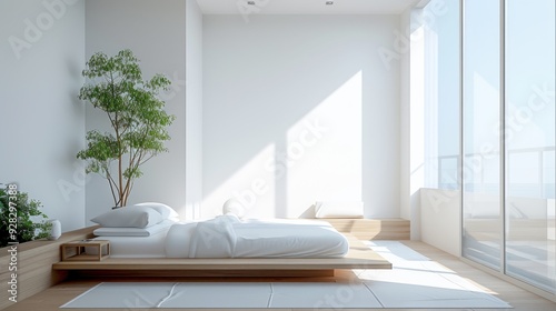 Minimalist guest room with single bed, floating nightstand, large window.