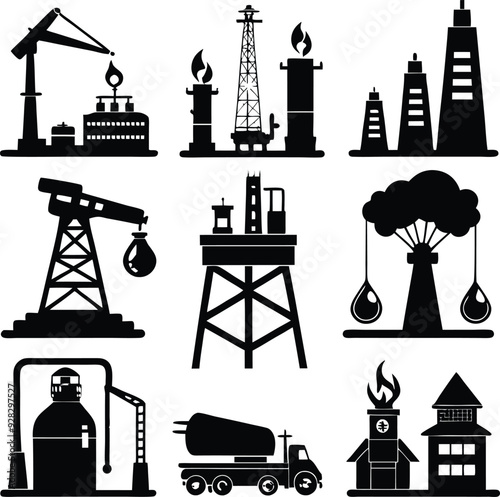 Oil Gas Industry Artistic Silhouette Elements in Black