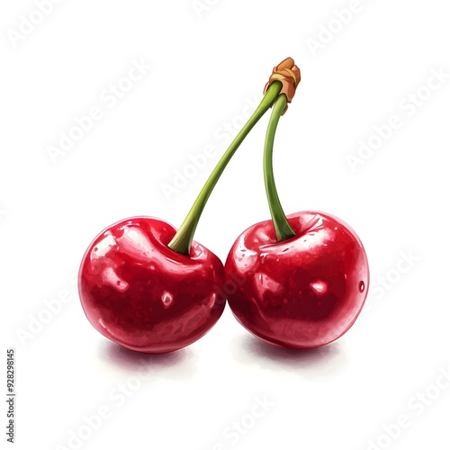 A pair of ripe juicy cherry fruits with stems against a clean white background created in a vibrant whimsical watercolor painting style