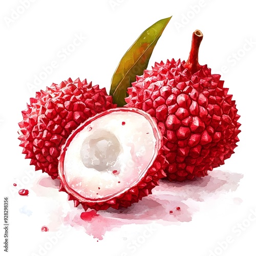 Close up of a peeled lychee fruit with the seed visible set against a bright white background with a watercolor style rendering for a effect  This exotic tropical fruit is known for its sweet photo