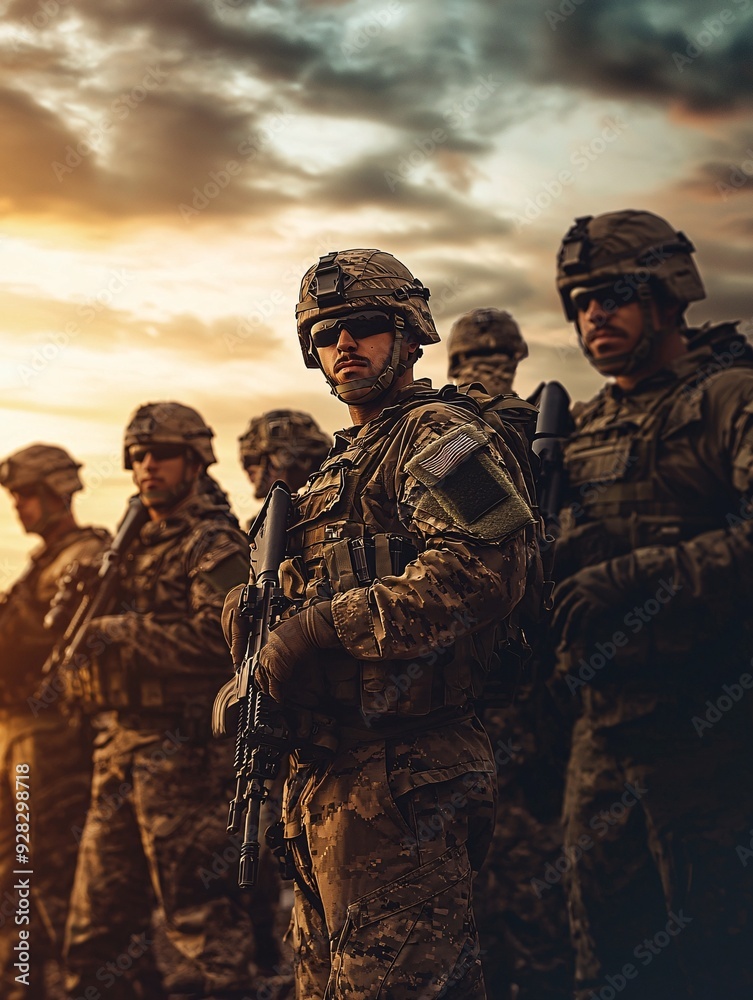 A varied team of camouflaged warriors devises plans amidst a sun-dappled forest of towering trees. A varied team of camouflaged warriors devises plans amidst a sun-dappled forest of towering trees.