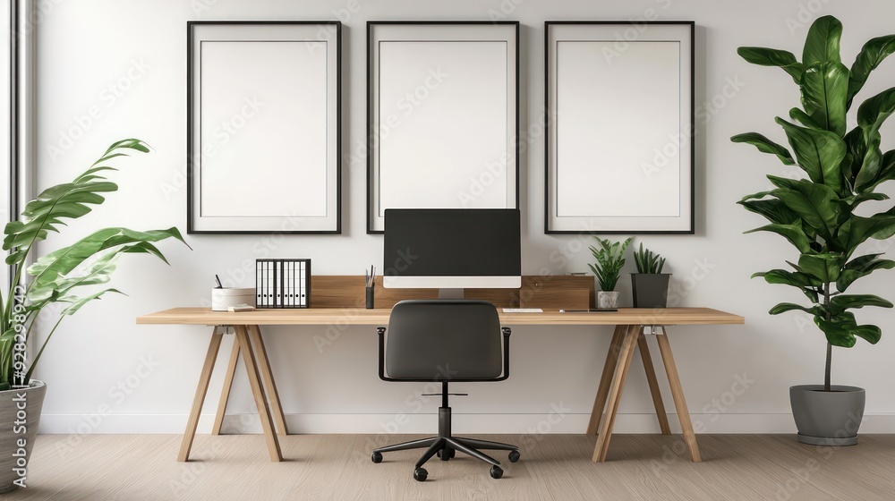 Fototapeta premium A white office desk with a black chair and a computer monitor
