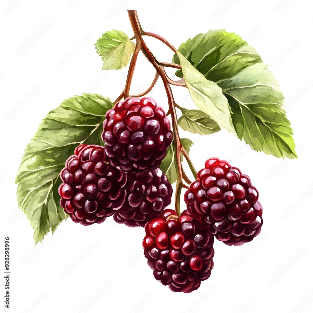Vibrant Mulberry Fruit Cluster Displayed Against a Crisp White Watercolor Style Background Showcasing the Deep Red Hues and Organic Texture Vibrant Mulberry Fruit Cluster Displayed Against a Crisp White Watercolor Style Background Showcasing the Deep Red Hues and Organic Texture
