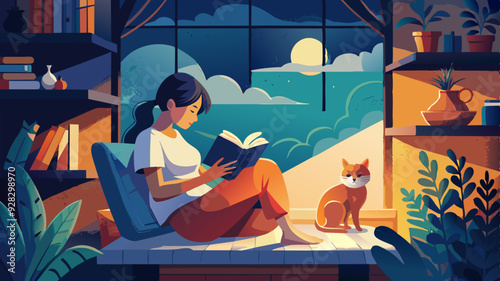 Woman reading a book on a window sill next to a cat