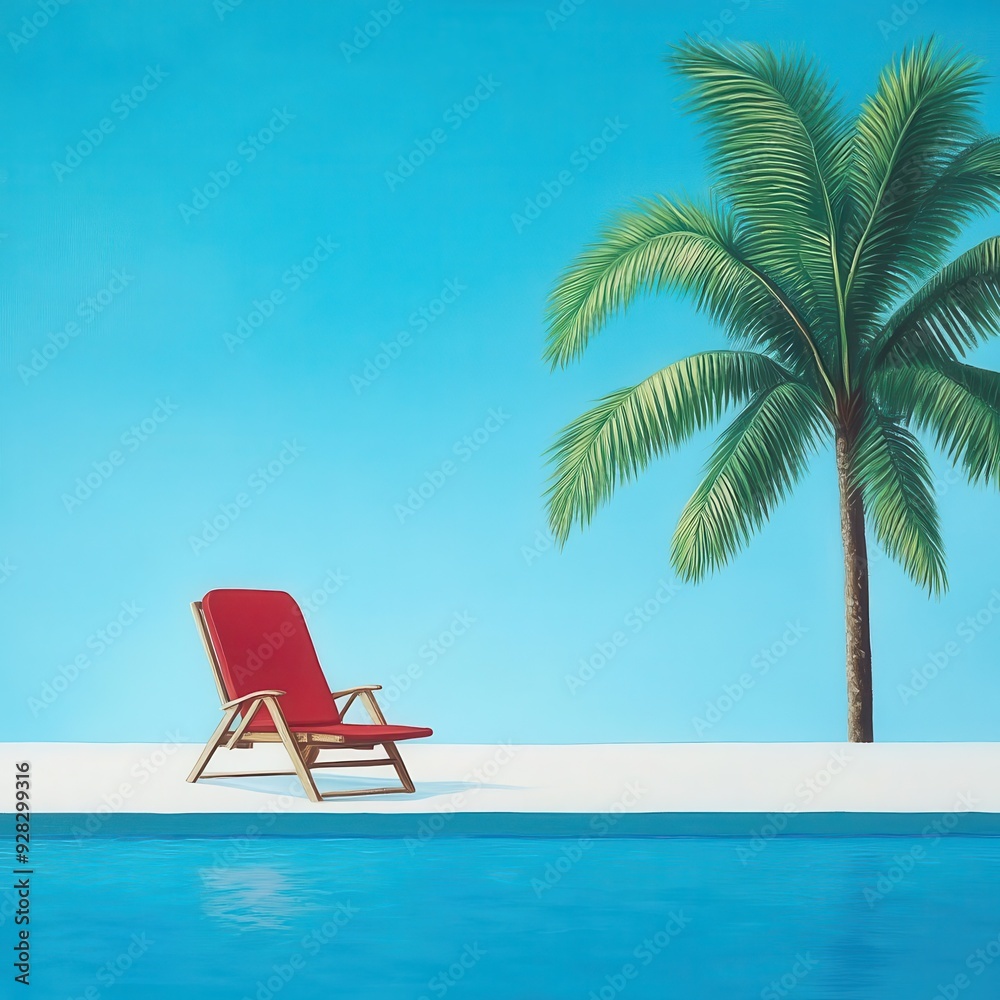 A serene poolside scene featuring a red lounge chair and a palm tree against a bright blue sky, perfect for relaxation imagery. A serene poolside scene featuring a red lounge chair and a palm tree against a bright blue sky, perfect for relaxation imagery.