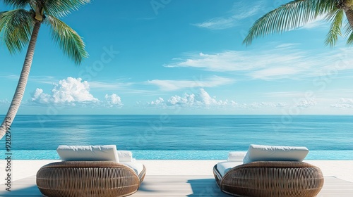 Fototapeta Naklejka Na Ścianę i Meble -  Two lounge chairs are on a beach next to a pool and ocean