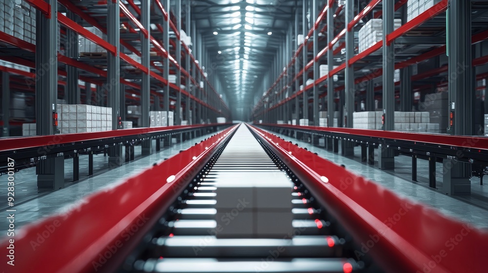 Fototapeta premium A long, red and black conveyor belt with white blocks on it is shown in the center of an empty warehouse