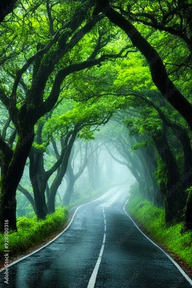 A road lined with trees in the middle of a foggy forest A road lined with trees in the middle of a foggy forest