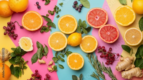 a variety of fruits and herbs arranged on a bright, multi-colored background with sections of pink, blue, and yellow.