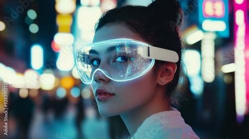 A beautiful young woman with futuristic and minimalistic white VR glasses on her face. 