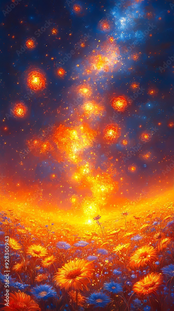 Naklejka premium A painting of a field of flowers under a starry sky