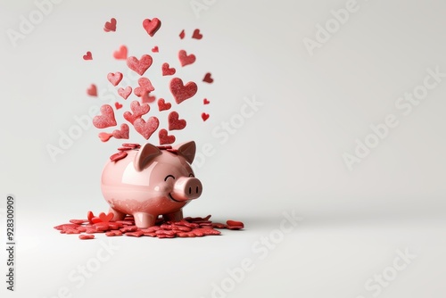 A vibrant and cheerful pink piggy bank with hearts around, symbolizing savings, love, and happiness on a minimalistic white background.