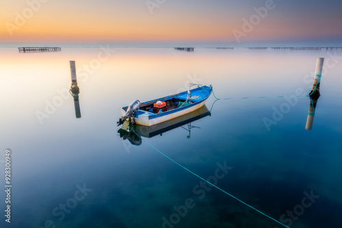 Sunset in Sacca di Scardovari. Porto Rolle, Rovigo, Veneto, Italy, Europe.
