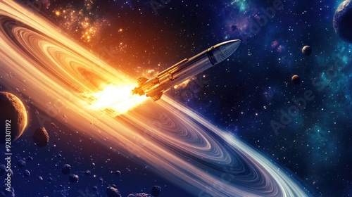 Spaceship flying through a nebula with a planet and asteroid field in the background.
