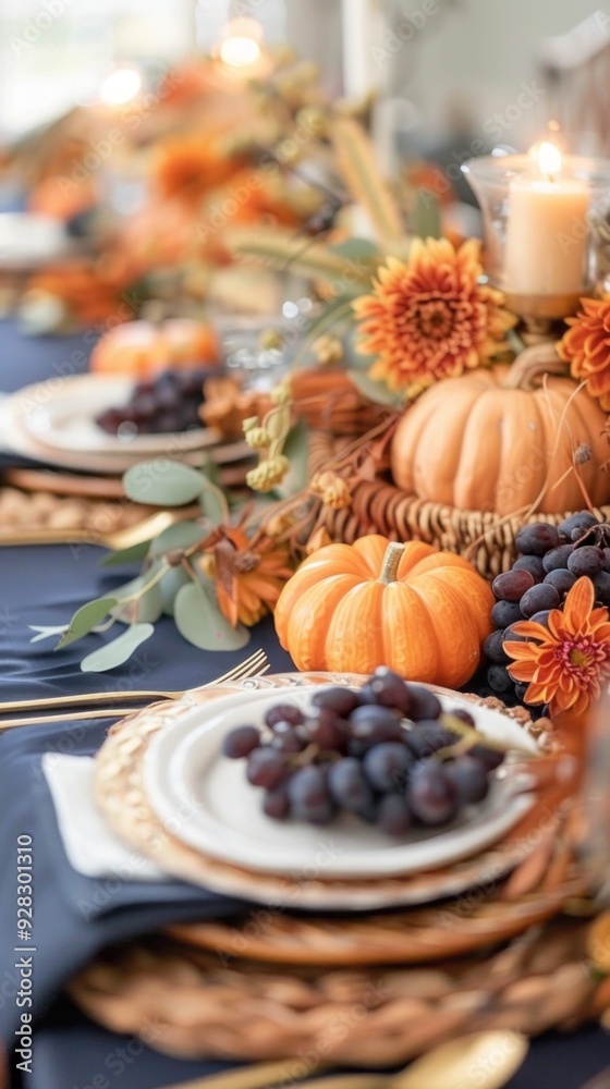 The table is elegantly adorned with navy linens, pumpkins, grapes, and vibrant flowers, creating a cozy autumn atmosphere perfect for gatherings The table is elegantly adorned with navy linens, pumpkins, grapes, and vibrant flowers, creating a cozy autumn atmosphere perfect for gatherings