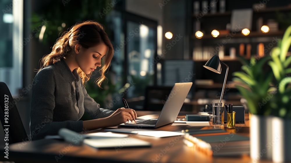 Young woman working diligently at a desk in a modern office during evening hours Young woman working diligently at a desk in a modern office during evening hours