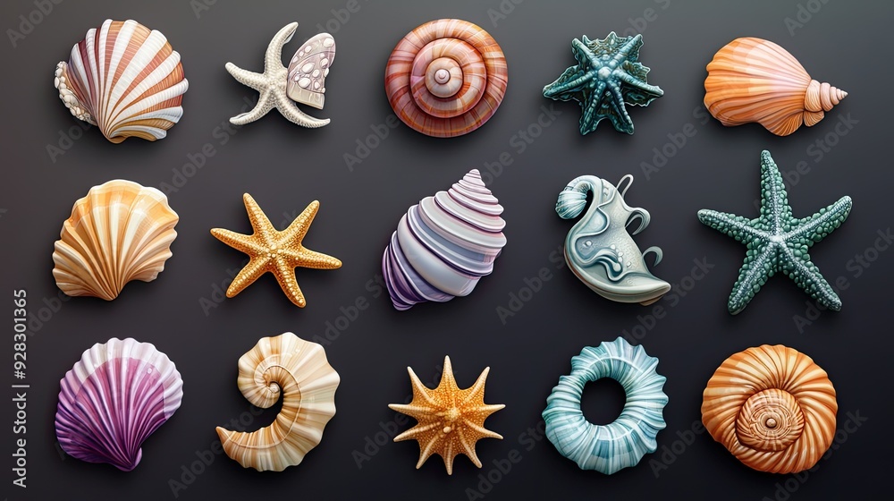 A beautifully crafted 3D icon set of shells, snails, mollusks, starfish, and sea horses, each icon meticulously designed, perfect for oceanic themes. A beautifully crafted 3D icon set of shells, snails, mollusks, starfish, and sea horses, each icon meticulously designed, perfect for oceanic themes.