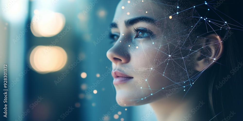 A woman's face is projected onto a screen with a starry background. Concept of wonder and curiosity, as if the woman is looking into the unknown. The use of the starry background adds to the dreamy A woman's face is projected onto a screen with a starry background. Concept of wonder and curiosity, as if the woman is looking into the unknown. The use of the starry background adds to the dreamy