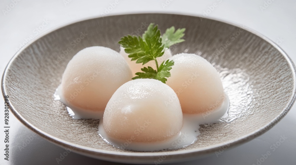 A delicate plate of Japanese mochi ice cream, beautifully presented and isolated on a white background, highlighting the sweet and chewy textures of this dessert. A delicate plate of Japanese mochi ice cream, beautifully presented and isolated on a white background, highlighting the sweet and chewy textures of this dessert.