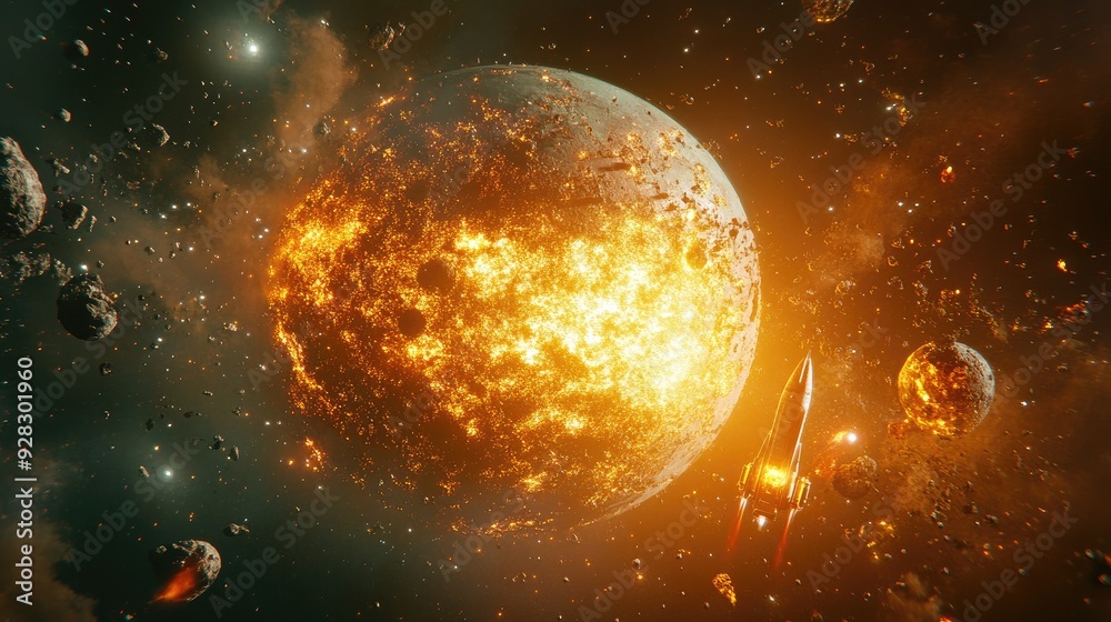 A burning planet with glowing fire and a rocket in space. A burning planet with glowing fire and a rocket in space.