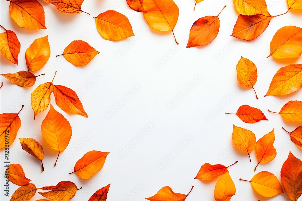 Obraz premium A circle of orange and yellow leaves on a white background