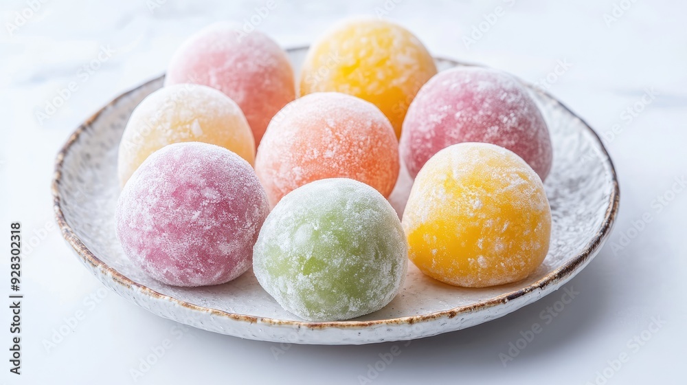 A plate of colorful mochi ice cream balls, isolated on a white background, capturing the essence of Japanese sweets and ideal for food photography. A plate of colorful mochi ice cream balls, isolated on a white background, capturing the essence of Japanese sweets and ideal for food photography.