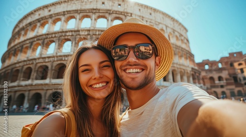 Travel holiday of happy couple taking selfie photo in front of tourist attraction. tourism  concept. Generative AI
