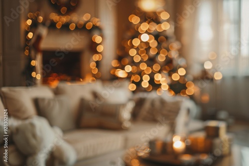 Beautiful blurred interior of a living room decorated for Christmas in warm cozy brown tones. Christmas tree, lights and gifts out of focus