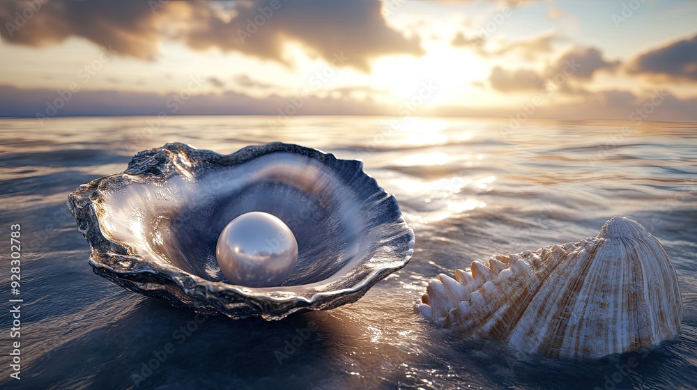 A stunning 3D visualization of a closed oyster shell with a white pearl, alongside a conch shell, set in an open sea, capturing the essence of oceanic beauty. A stunning 3D visualization of a closed oyster shell with a white pearl, alongside a conch shell, set in an open sea, capturing the essence of oceanic beauty.