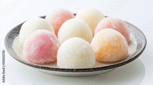 A showcase of Japanese mochi ice cream, each piece carefully placed on a plate and set against a clean white background, perfect for dessert-themed visuals.