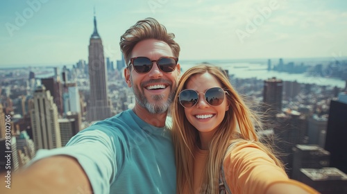 Travel holiday of happy couple taking selfie photo in front of tourist attraction. tourism  concept. Generative AI photo