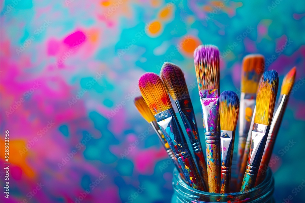 A jar full of paint brushes sitting on top of a table A jar full of paint brushes sitting on top of a table