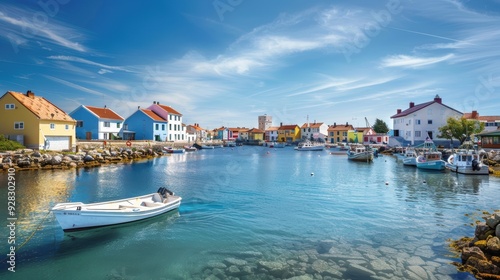 Colorful Coastal Village with Boats on Tranquil Water 