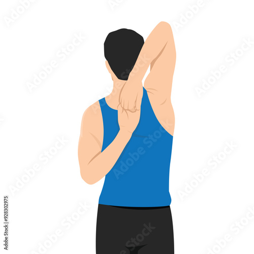 Man doing cow head pose back and shoulders stretching. Flat vector illustration isolated on white background