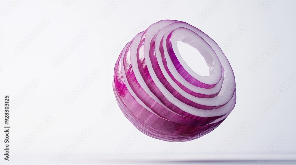 Obraz premium A suspended red onion sliced into delicate rings, revealing crisp, purple layers that slightly separate from each other, floating gracefully against a white background. Perfect for culinary visuals