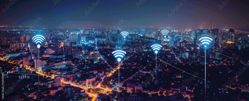 Night Cityscape with Wi-Fi Connectivity Night Cityscape with Wi-Fi Connectivity