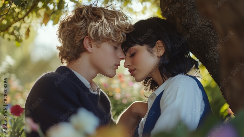 Naklejka premium Young couple sharing a tender moment under a tree in a vibrant flower garden during golden hour